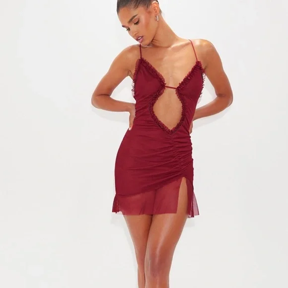 PrettyLittleThing Burgundy Ruffle Cut-Out Backless Mini Dress - Picture 1 of 5